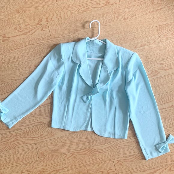 Vintage Blazer Jacket Bow Mint Green Blue Cropped - Picture 4 of 5